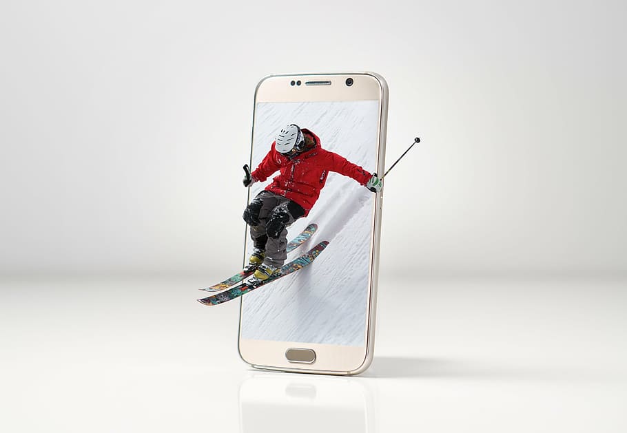 white android smartphone, ski, snow, sport, winter, mountains, winter sports, skiing, downhill skiing, ski slope