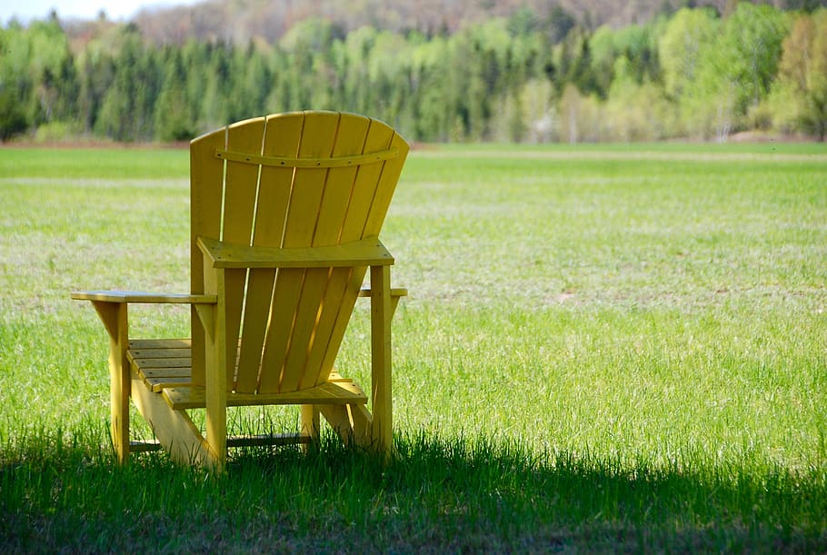 yellow, wooden, adirondack chair, green, grass field, chair, muskoka, lounge, nature, outdoors