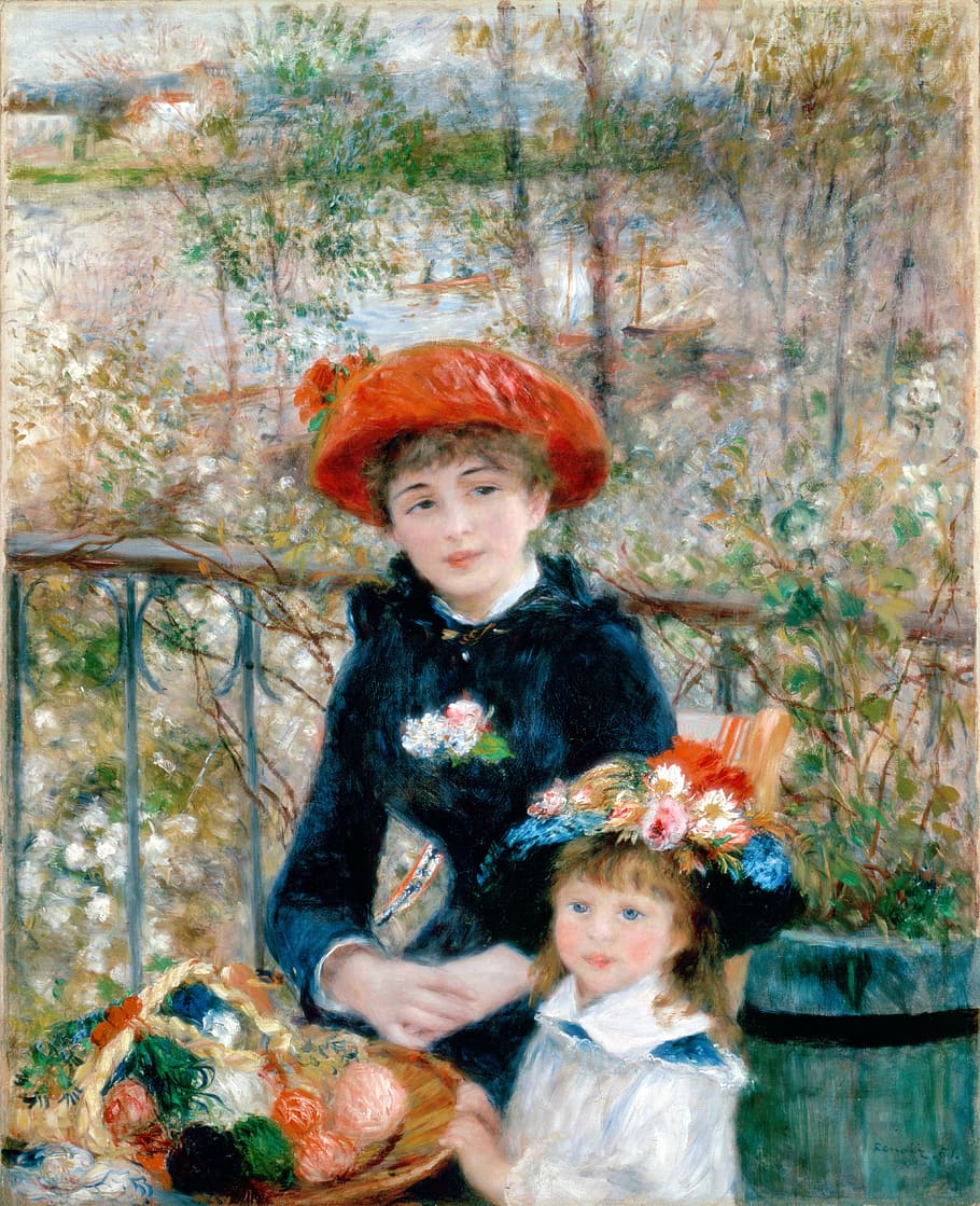 mujer, niña, pintura, hermanas, en la terraza, pierre auguste renoir, pintura al óleo, obra de arte, arte, 1881