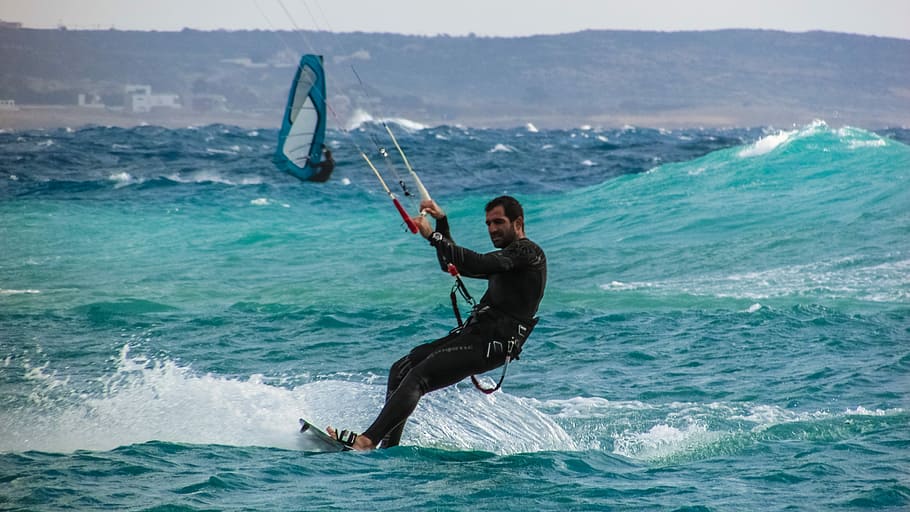 Kitesurf, esporte, mar, surf, extremo, surfista, prancha, vento, homem, diversão