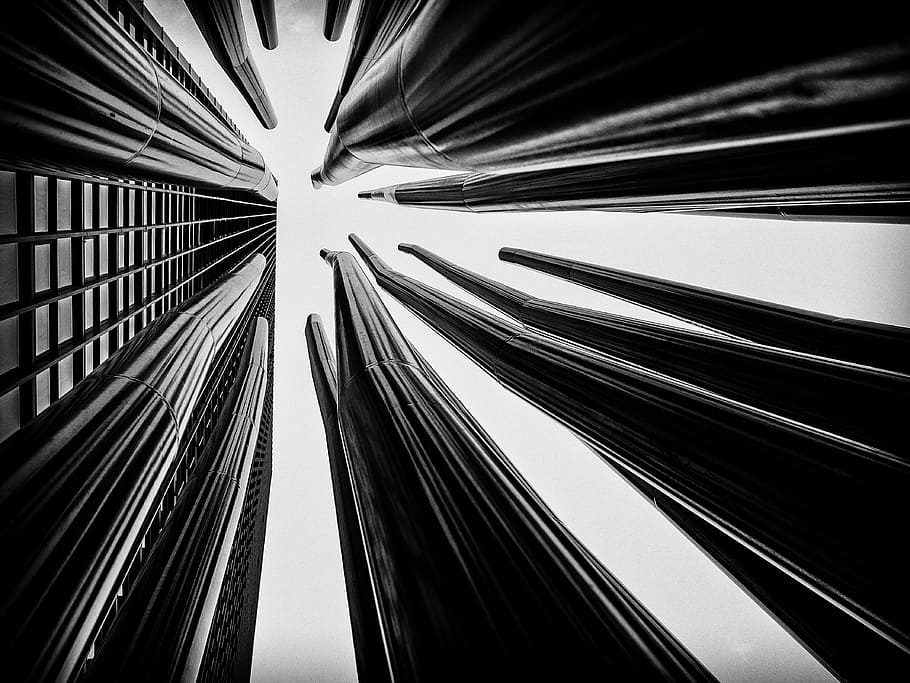 photography of city, architecture, building, infrastructure, skyscraper, tower, black and white, abstract, indoors, pattern