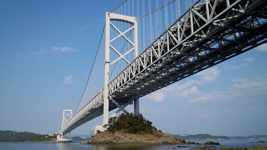 seto inland sea, seto ohashi bridge, look up, bridge - man made structure, sky, architecture, built structure, connection, transportation, river
