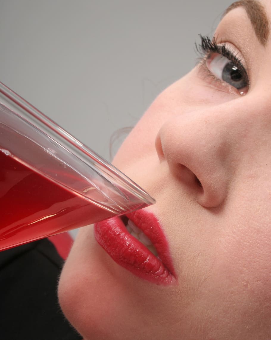 martini, red lipstick, blue eyes, one person, close-up, red, make-up, human body part, body part, women