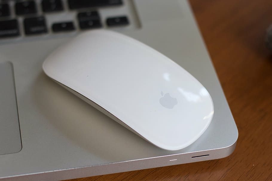 foto, apple magic mouse, atas, laptop, mouse, apple, magic mouse, teknologi, mac, macbook