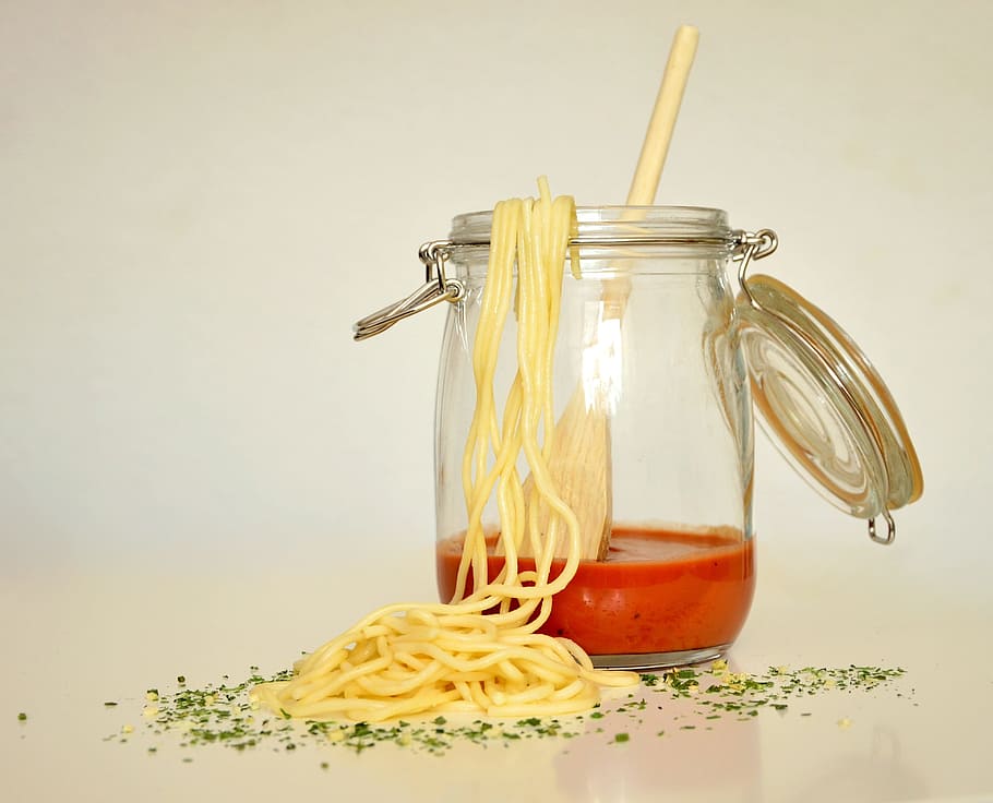 pasta, clear, canister, spaghetti, noodles, tomato sauce, glass, eat, food, cook