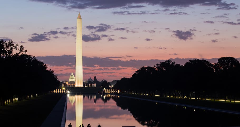 amanecer de mañana, monumento a Washington, mañana, amanecer, Washington DC, piscina reflectante, reflejo, capital de la nación, puesta de sol, silueta