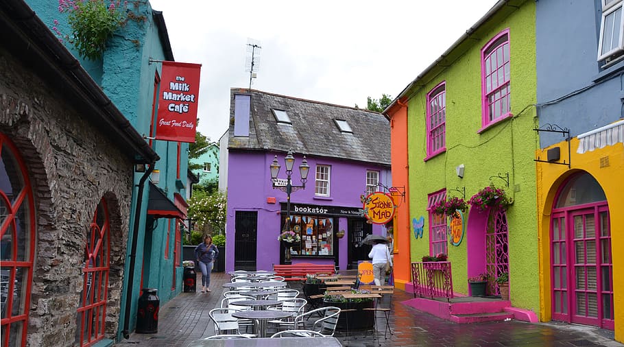 houses, next, wet, road, homes, colorful, colourful houses, facade paint, ireland, county cork