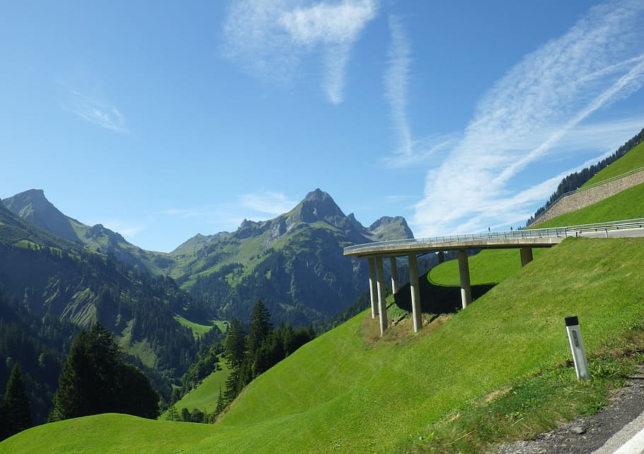 mountain, nature, panoramic, road, hairpin, hochtannbergpass, austria, sky, scenics - nature, plant