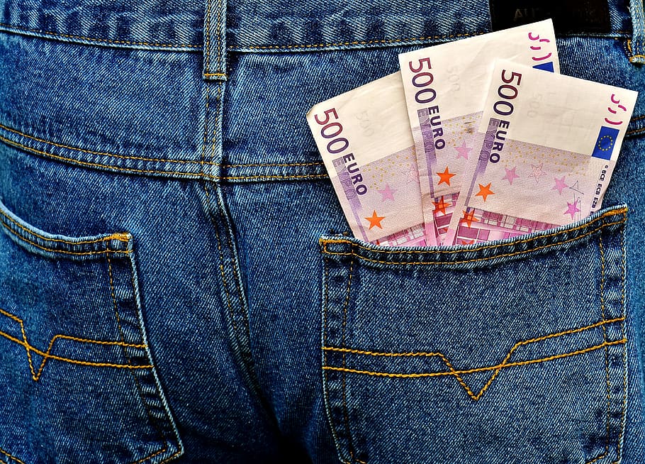 three, 500 indonesian banknotes, back, pockets, blue, denim bottoms, Money, Euro, Jeans, Back Pocket