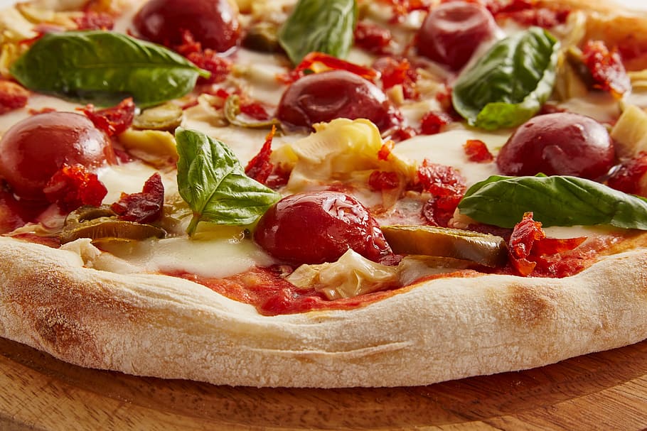 baked, pizza, spinach, cherry, tomatoes, cheese, food, italy, food and drink, vegetable