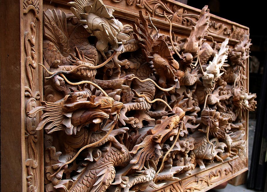 Dragon, Wooden, Decoration, hanging, design, textured, symbol, frame, decorative, antique