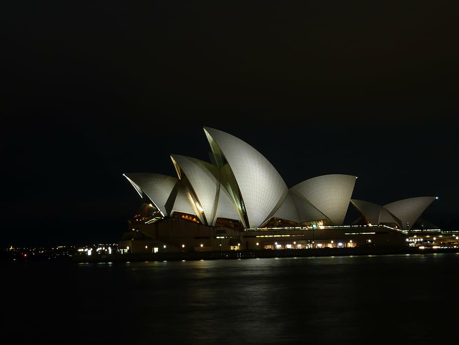 sydne, opera, opera house, night, concert hall, water, illuminated, building exterior, architecture, arts culture and entertainment