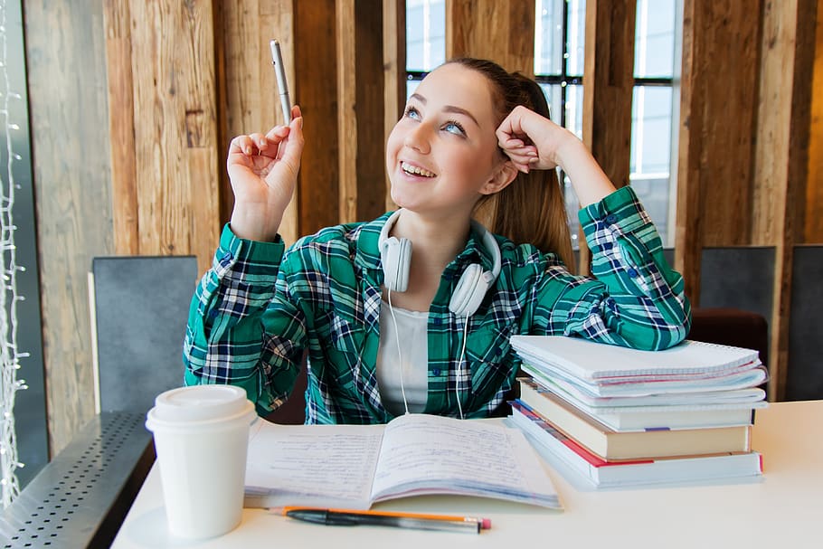 girl, young, student, sitting, table, books, notebook, pen, study, homework