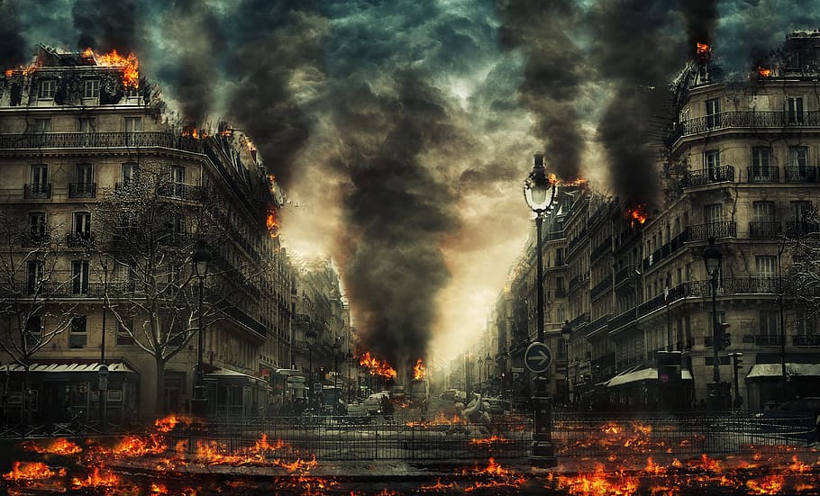 buildings, fire, trees, lamp posts painting, on fire, lamp posts, city, disaster, end of the world, lightning