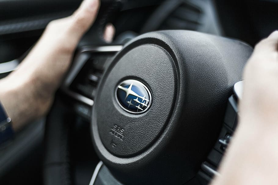 black, subaru steering wheel, close-up photo, subaru, impreza, sport, car, red, asphalt, vehicle