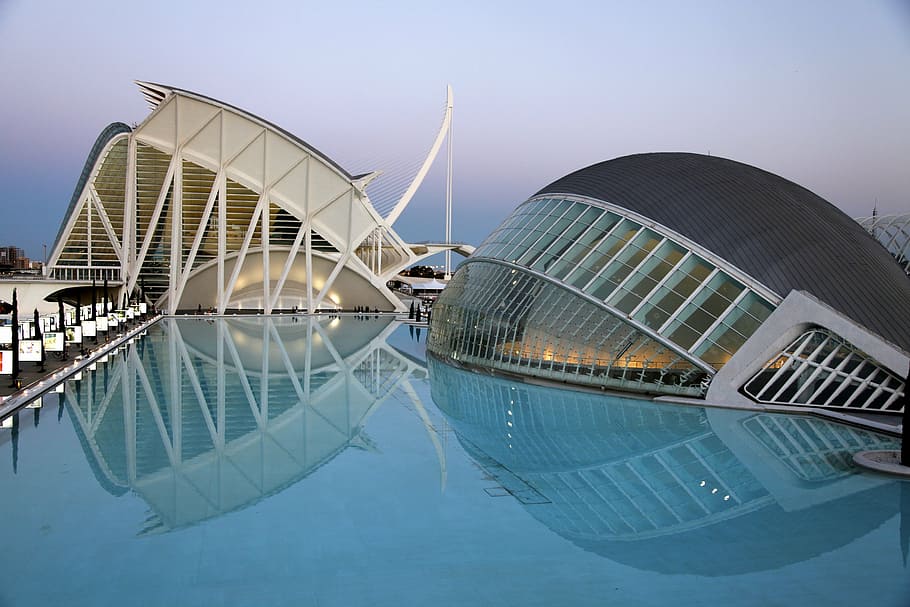 in-ground pool, clear, blue, sky, architecture, valencia, city science, science, arts, calatrava