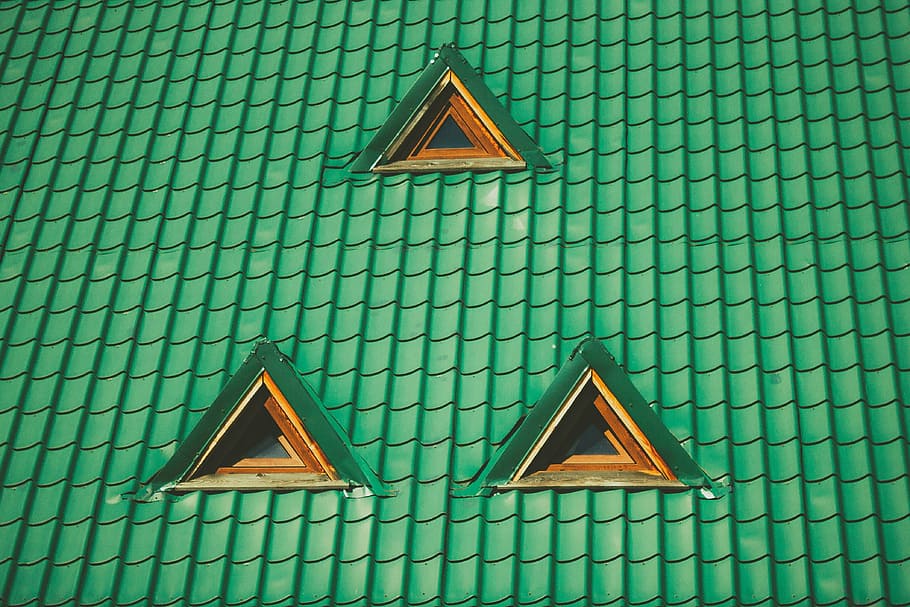 verde, telhado, três, janelas, arquitetura, construção, estrutura, estabelecimento, apartamento, simetria