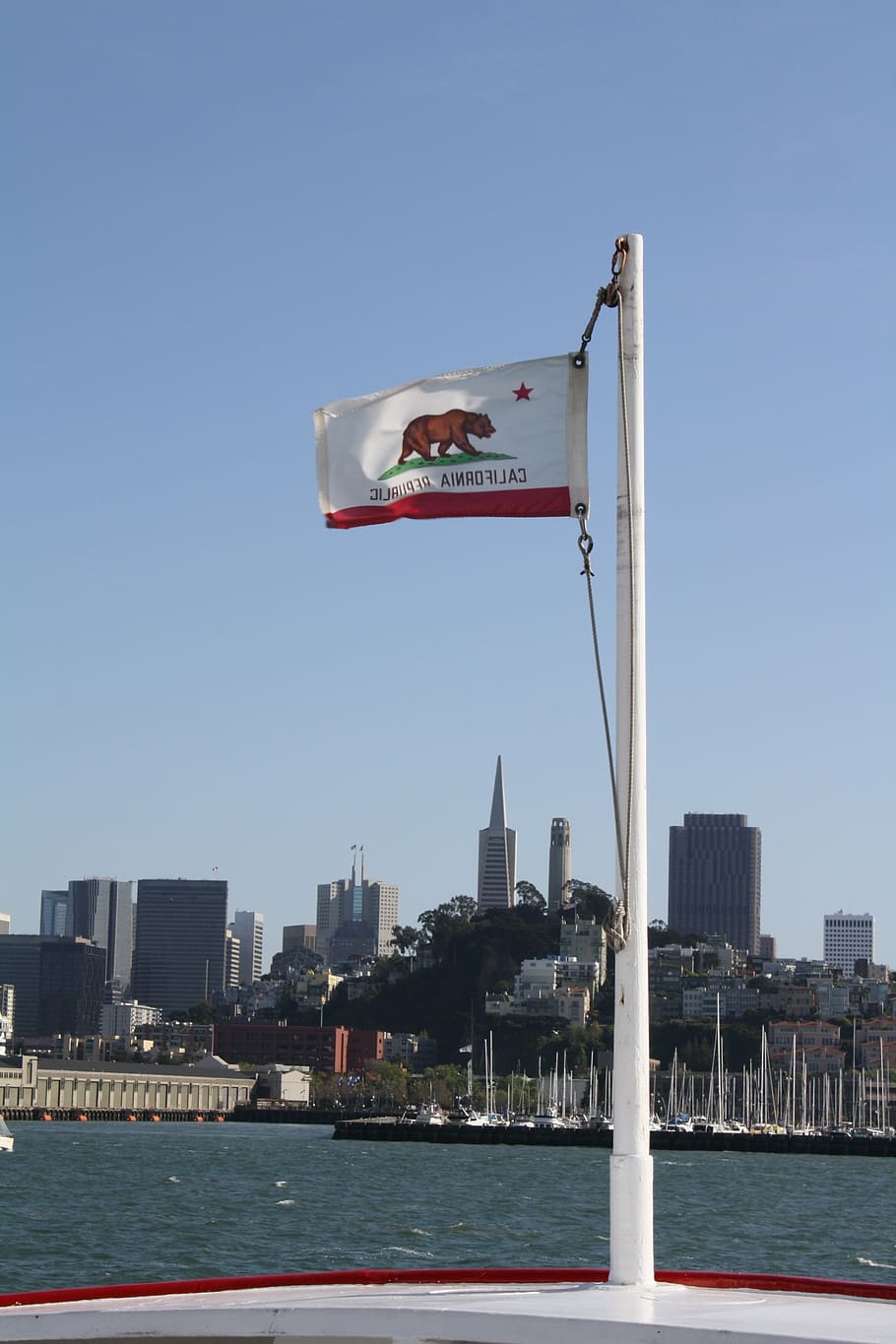 california, flag, boat, skyline, san francisco, architecture, water, sky, built structure, nature