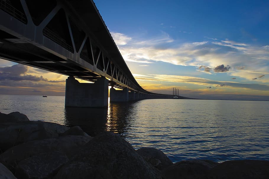 puente de hormigón gris, soporte, puente de Öresund, hermano, soporte de puente, puente de öresund, malmö, sueco, suecia, ferrocarril