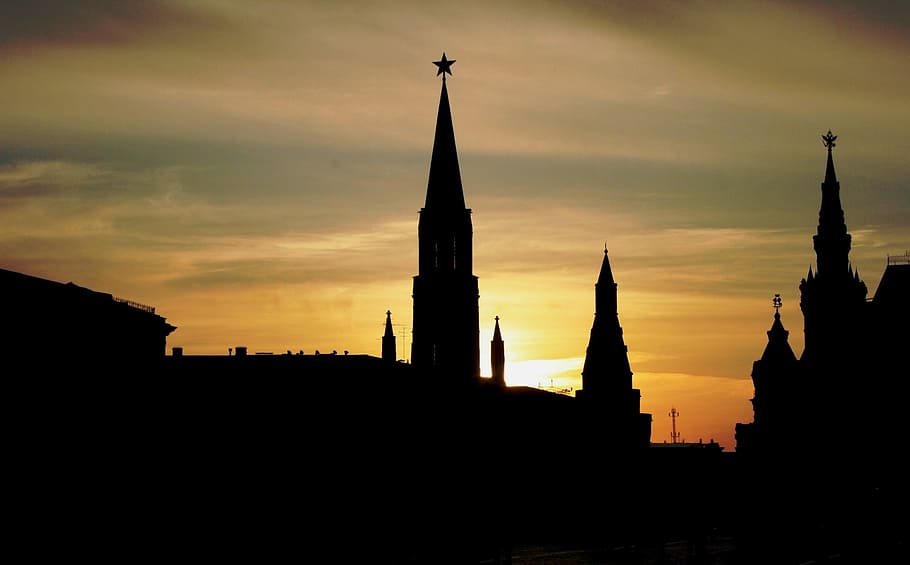 red square, historic buildings, skyline, silhouette, towers, spires, tall, sky, luminous, glorious
