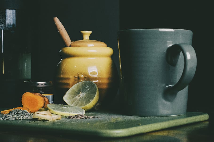mug, lemon, glass, chopping board, carrot, pot, ingredients, drink, beverage, food and drink