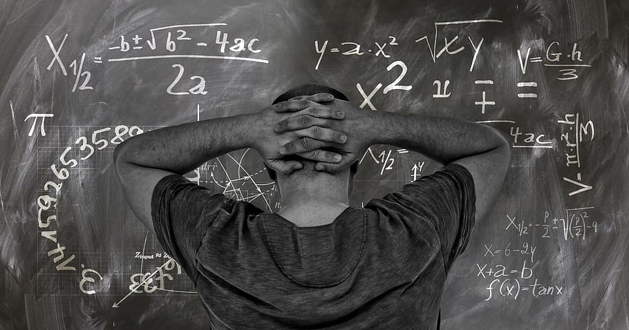 man, wearing, gray, shirt, facing, blackboard, board, school, university, research