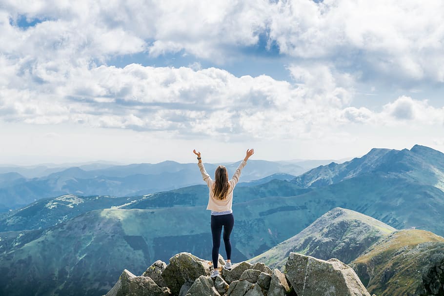 Young, successful, woman, open, arms, mountain, peak, adventure, cloud, clouds