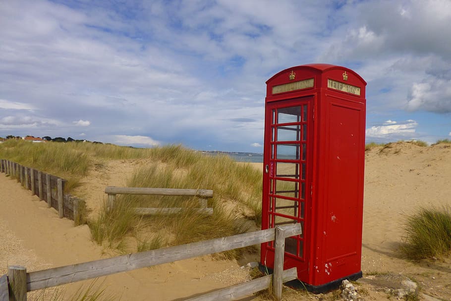 phone booth, beach phone, south gland, telephone, sky, red, technology, nature, telephone booth, communication