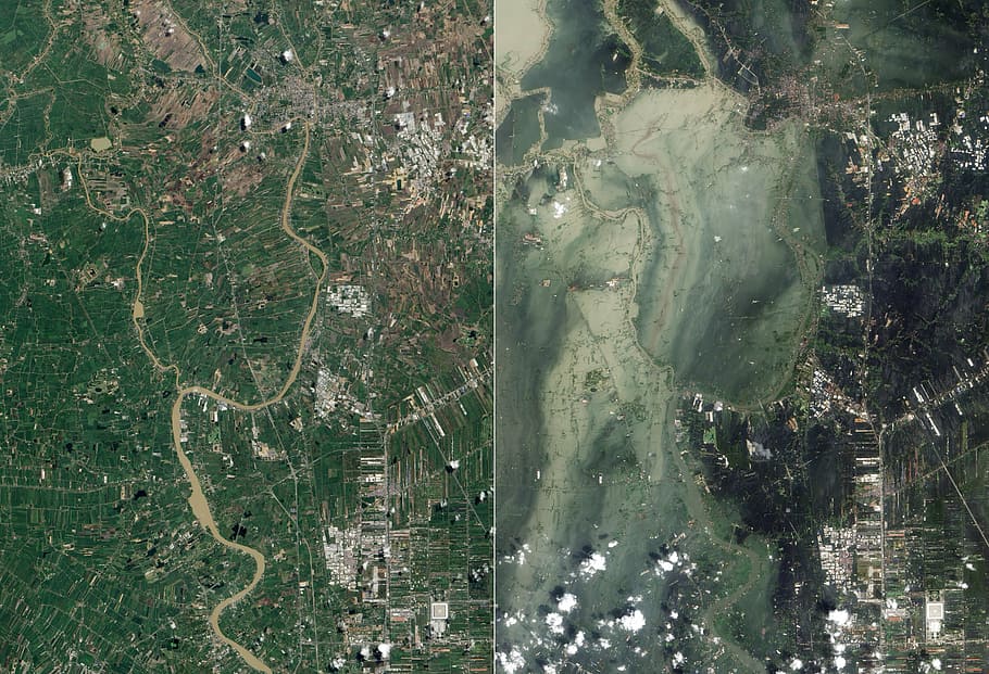 antena, ver, continente, inundación, tsunami, ayutthaya, foto satelital, vista aérea, tierra, mapa