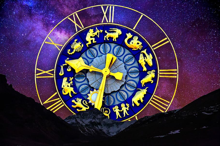 redondo, azul, reloj analógico dorado, cielo estrellado, signo del zodiaco, reloj, esfera dorada, esfera, astrología, hora