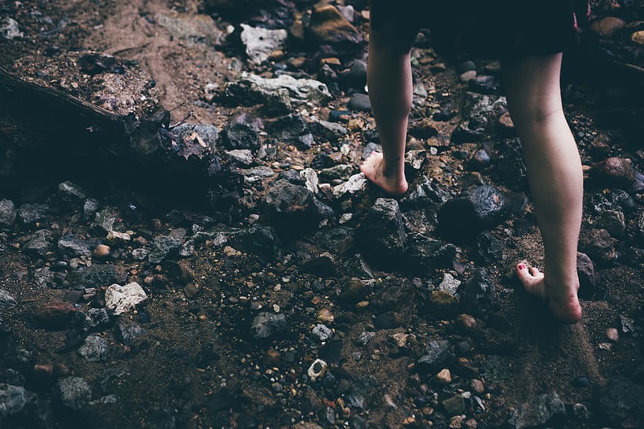 barefoot, rocks, careful, feet, legs, young, female, outdoor, stone, tippy toe