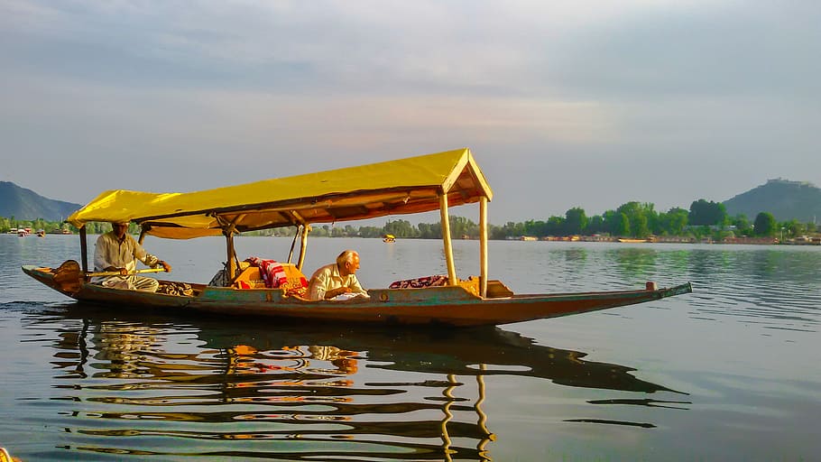 yellow, boat, body, water, dal, lake, srinagar, landscape, kashmir, shikara