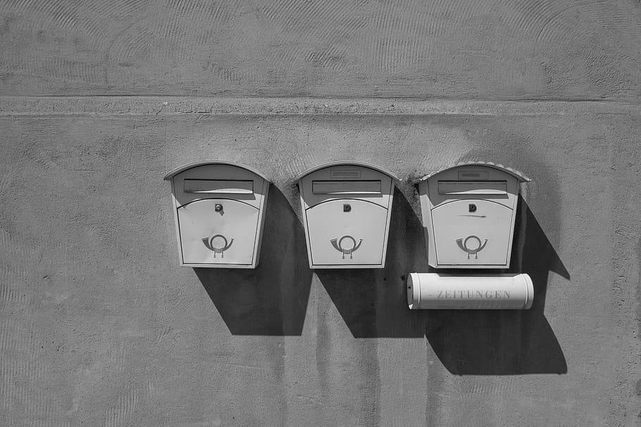 three, white, mail boxes, mailbox, post, old, newspaper, wall, post horn, send