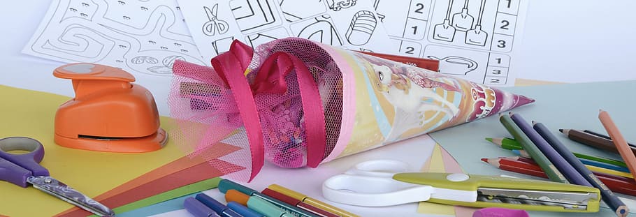 assorted-color scissor, color pencils, white, wooden, desk, schultüte, zuckertüte, back to school, training, school