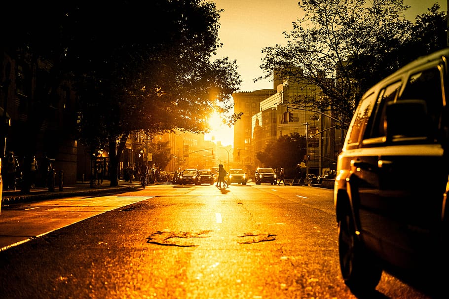 person, walking, road, cars, golden, hour, city, dawn, dusk, street