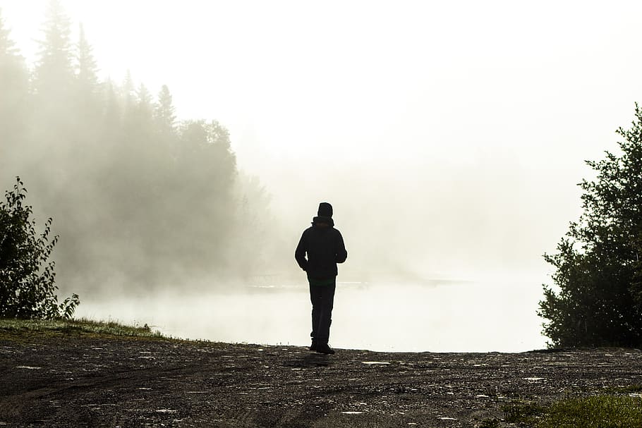 río, naturaleza, niebla, al aire libre, hombre, pensamiento, una persona, de pie, personas reales, árbol