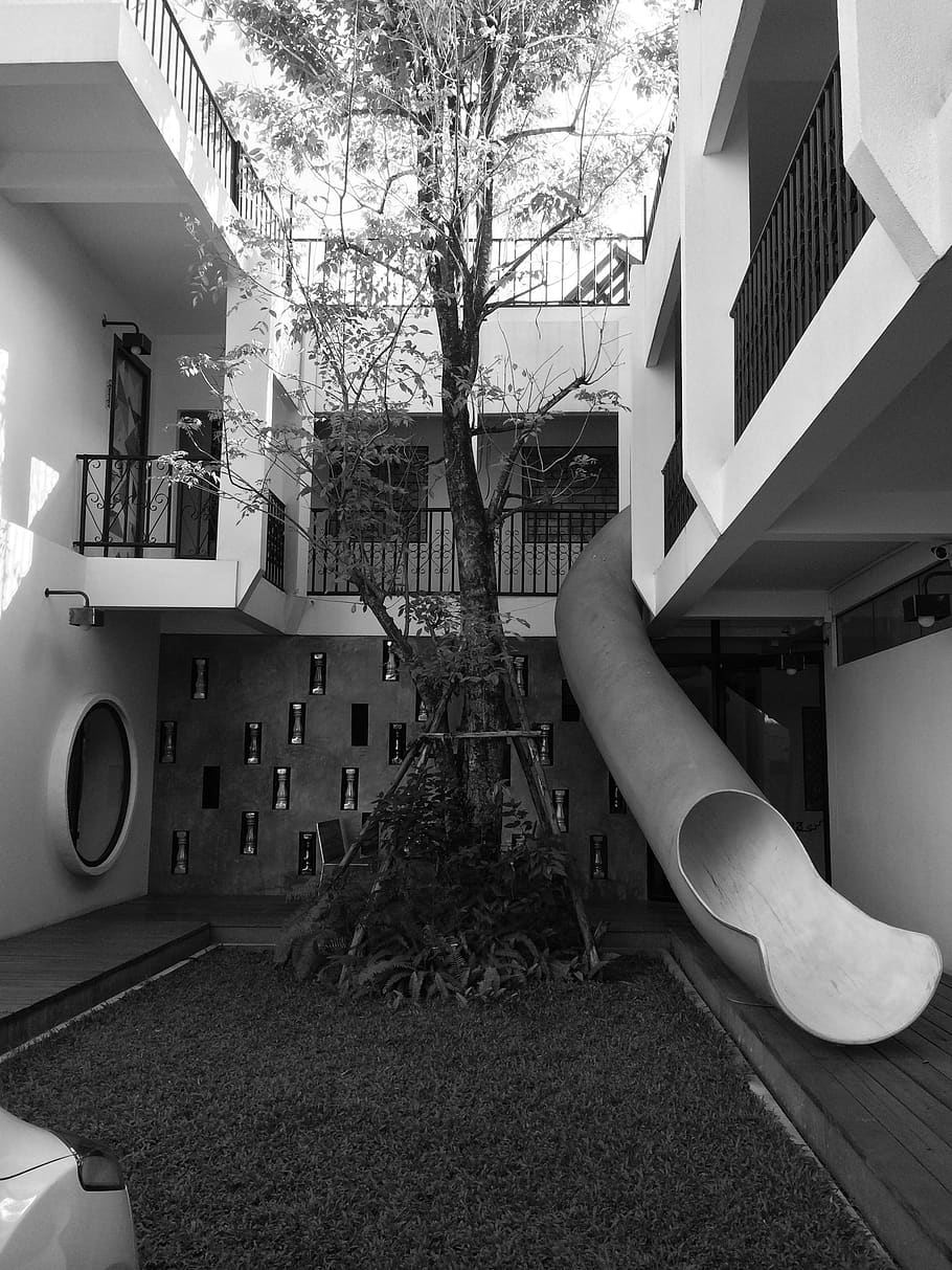 hotel, slide, architecture, balcony, balconies, chiang mai, thailand, black and white, tree, built structure