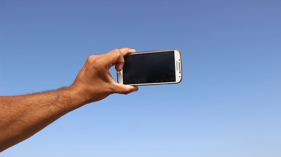 person, holding, samsung android smartphone, self-timer, selfie, human hand, hand, human body part, technology, sky