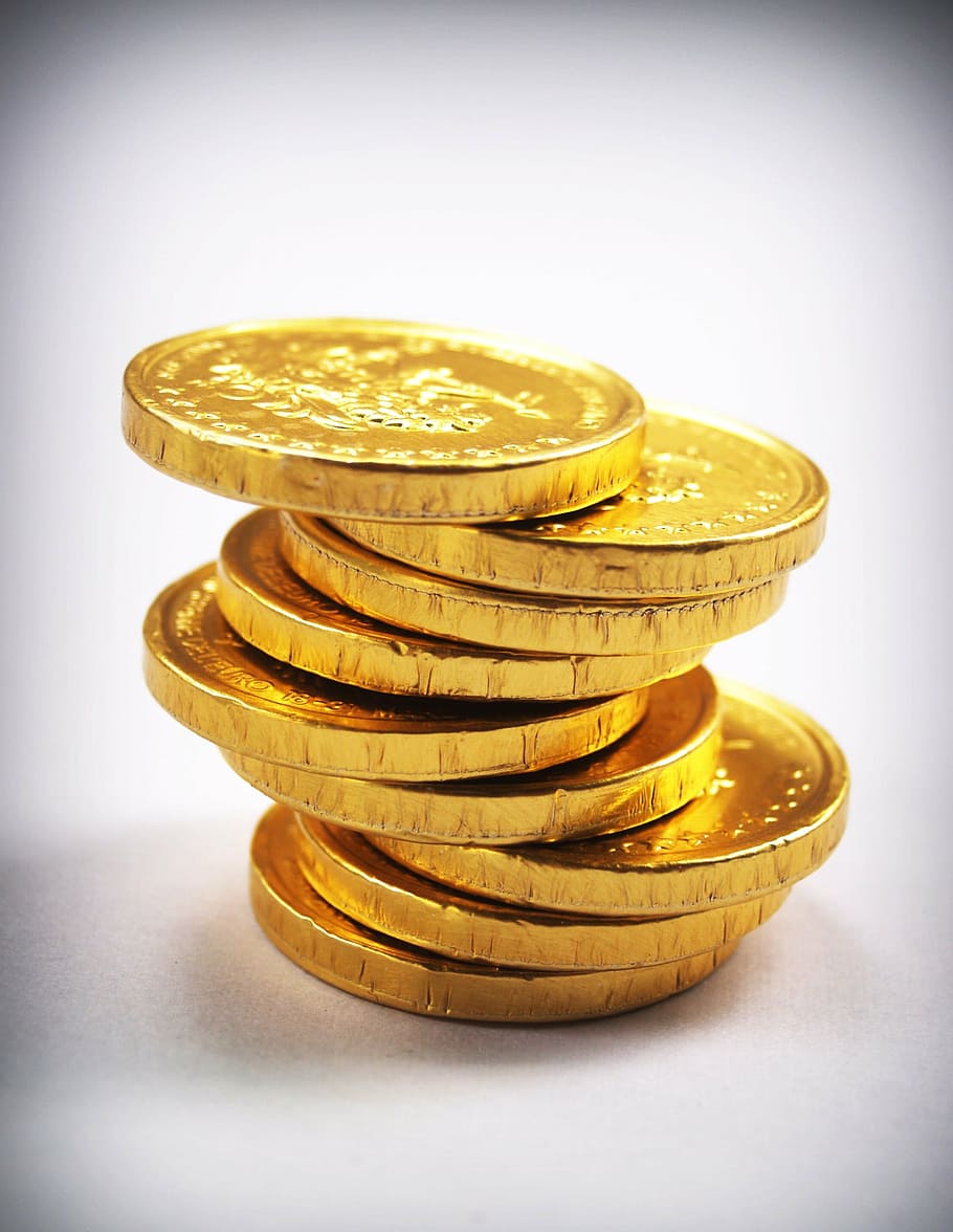 monedas de chocolate apiladas, monedas, oro, efectivo, aislado, torre, economía, tasa, negocios, ingresos