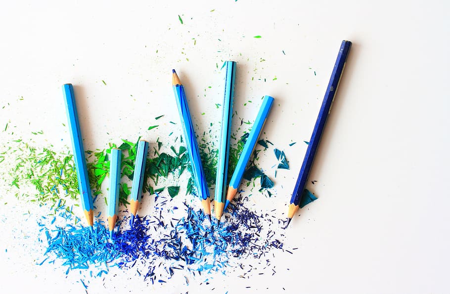 siete, azul, lápices de colores, lápiz de colores, dibujo, coloración, educación, lápiz, escuela, color