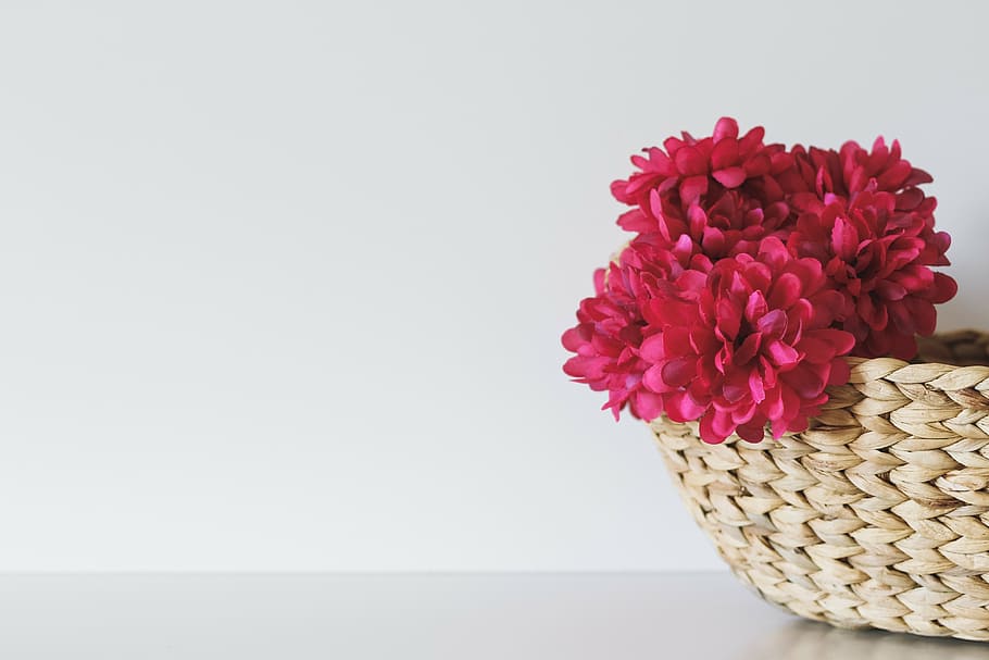 pink, faux, mums flower, brown, wicker basket, white, surface, red, flower, petal