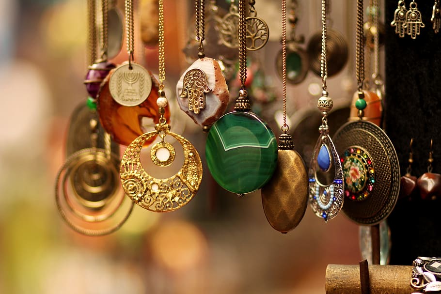 Cadena, medallón, bazar, Jaffa, venta, figura de cinco dedos, culturas, decoración, color dorado, joyería