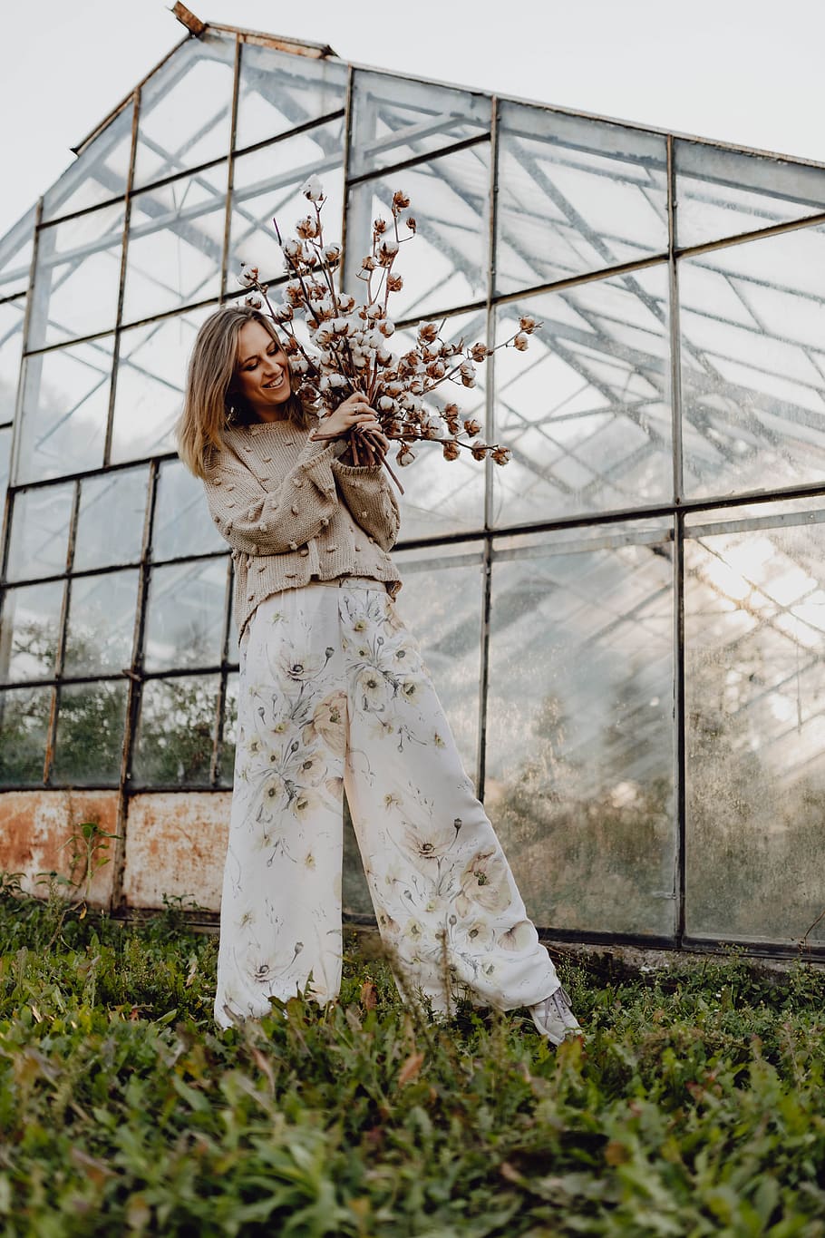 cotton, branches, woman, outdoor, nature, glasshouse, natural, farm, beautiful, tall