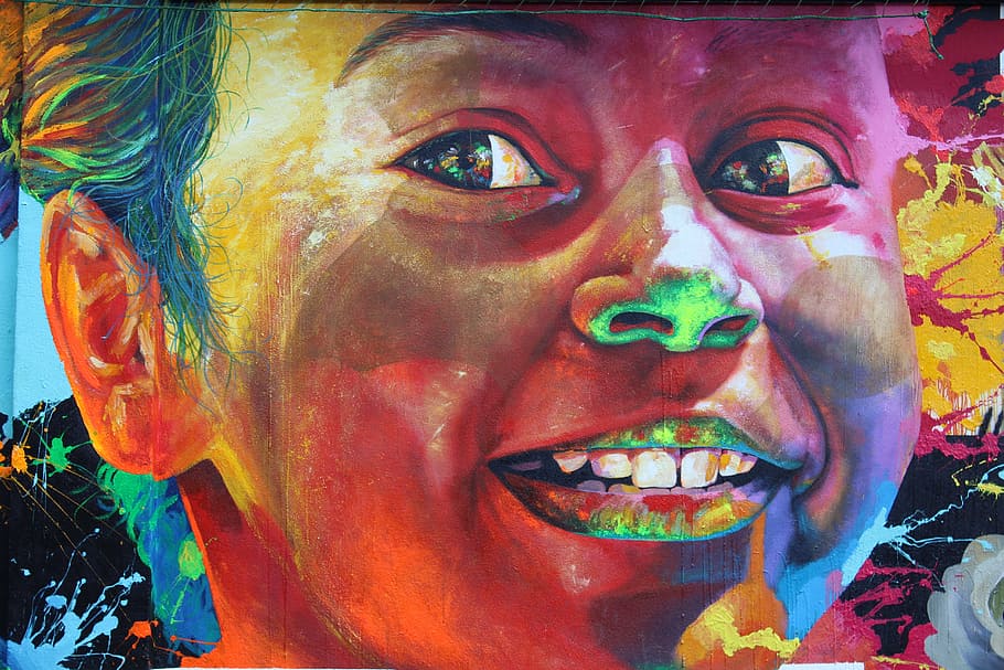 lukisan grafiti, anak laki-laki, mural, tertangkap, gadis, senyum, tertawa, wajah, bahagia, emosi