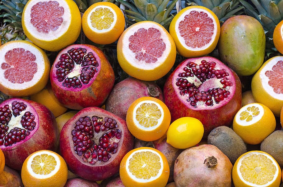 assorted, citrus, fruit lot, fruits, refreshment, fresh, lemon, grapefruit, pomegranate, seeds