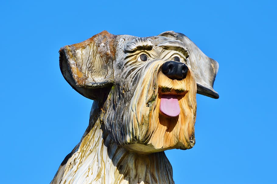 wood dog, figure, dog, schnauzer, sculpture, art, statue, artwork, decoration, deco