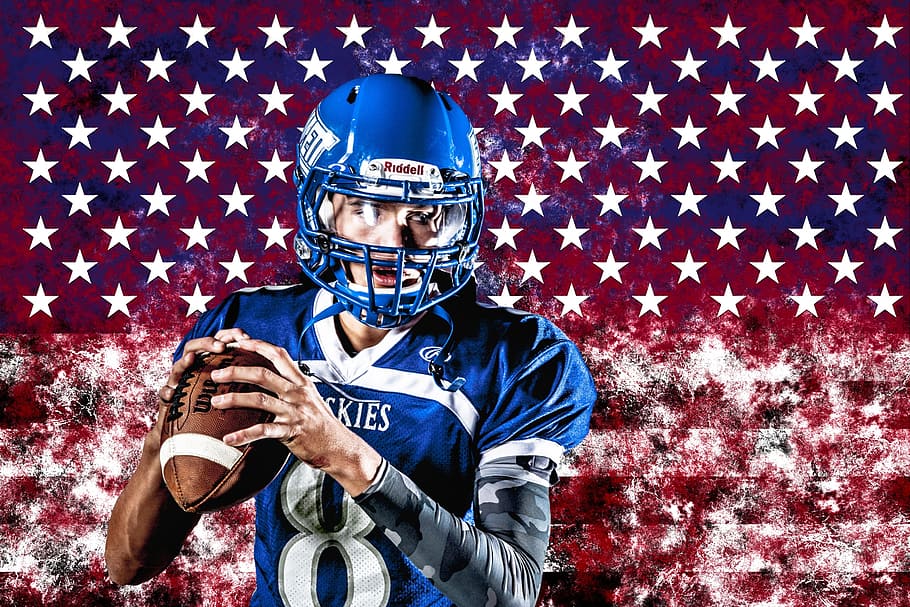 man, holding, brown, football, usa, american football, sport, flag, america, one person