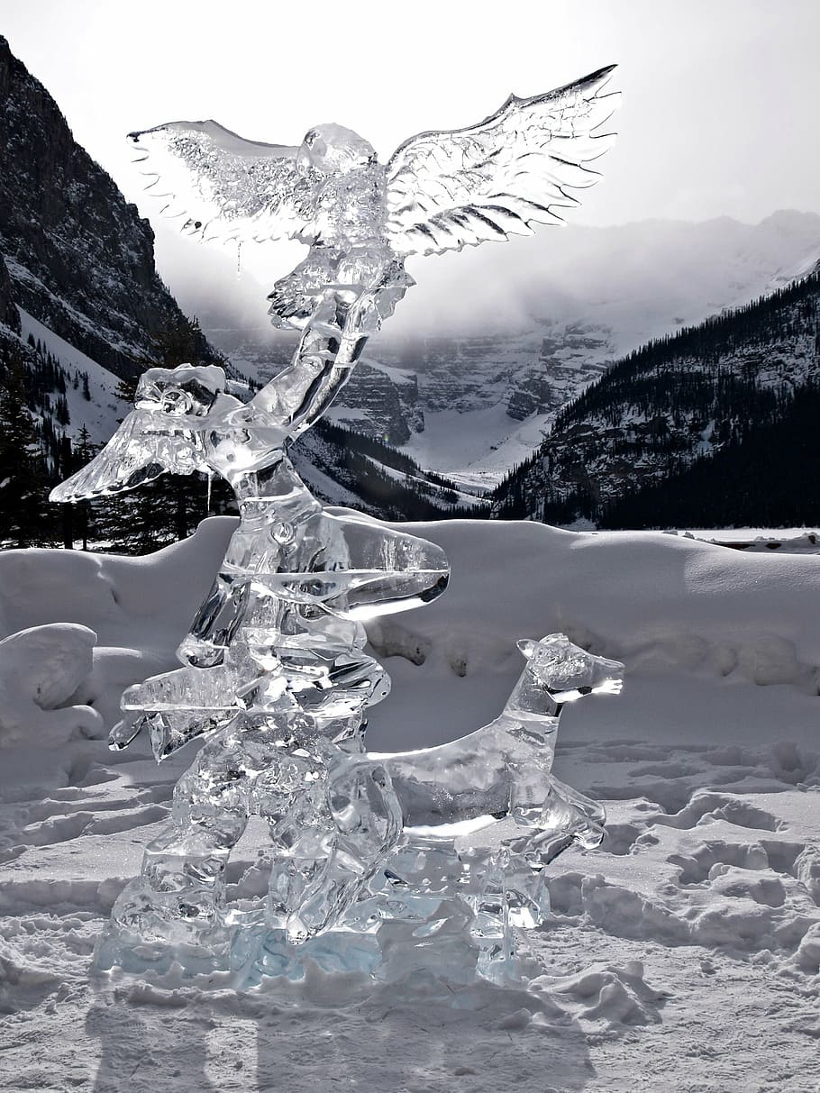 clear, glass art, white, sky, lake louise, alberta, canada, ice carving, figure, glacier