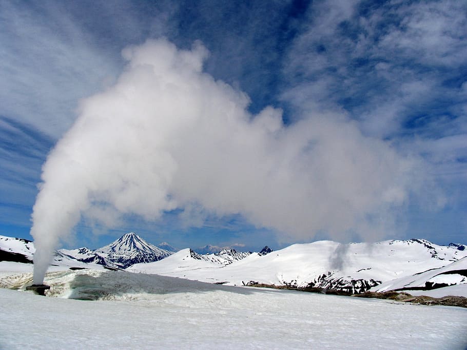 volcanoes, mountains, well, columns of steam, release of gas, clouds, winter, snow, landscape, nature