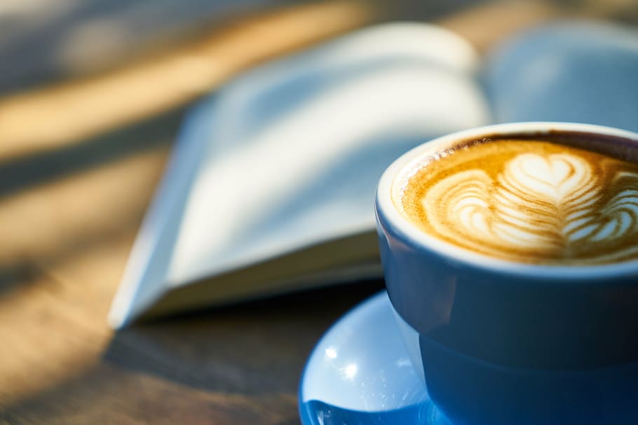 cup, latte, heart art, top, white, saucer, coffee, book, caffeine, notebook